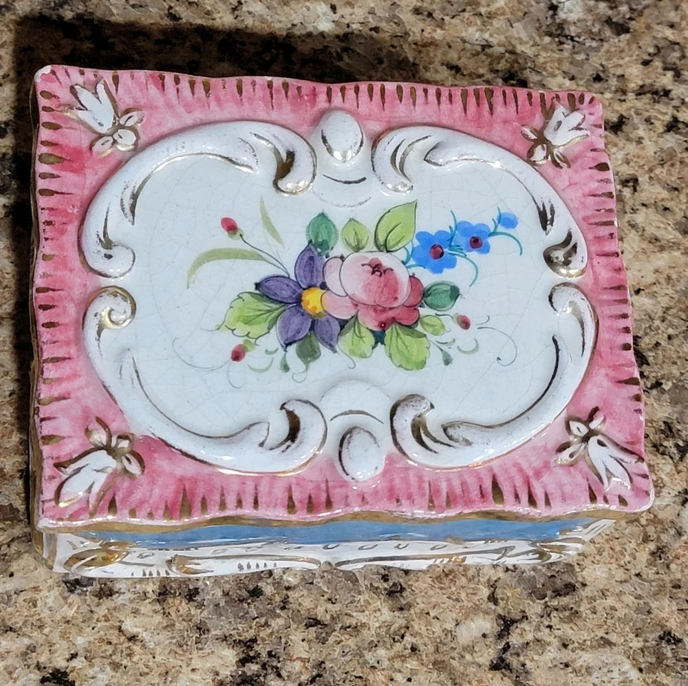 Italy Floral Porcelain Trinket Vintage Jewelry Box